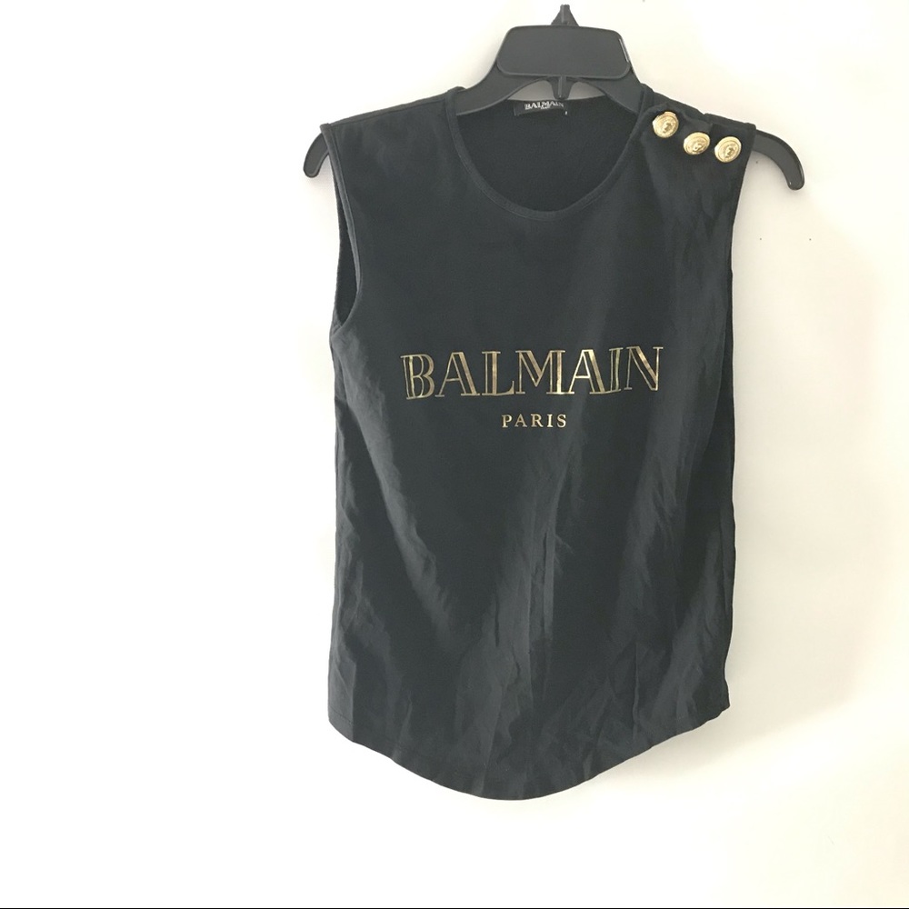 BALMAIN Paris Women's Gold Buttons T-Shirt Black Top Tee Shirt Sleeveless Sz 4